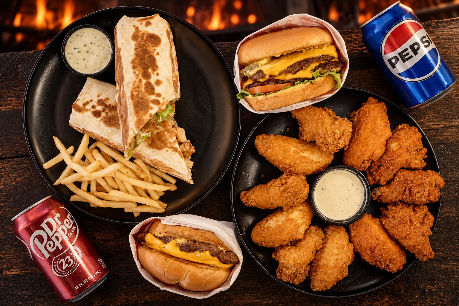 812 Grill shawarma, burgers, wings, fries, Pepsi and Dr Pepper