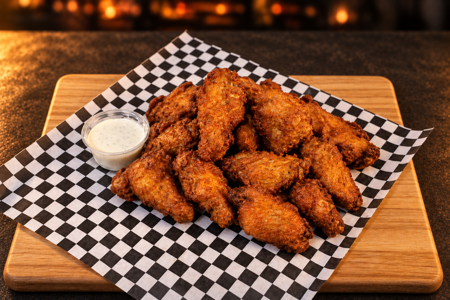 812 Grill crispy regular wings with creamy dipping sauce on checkered paper