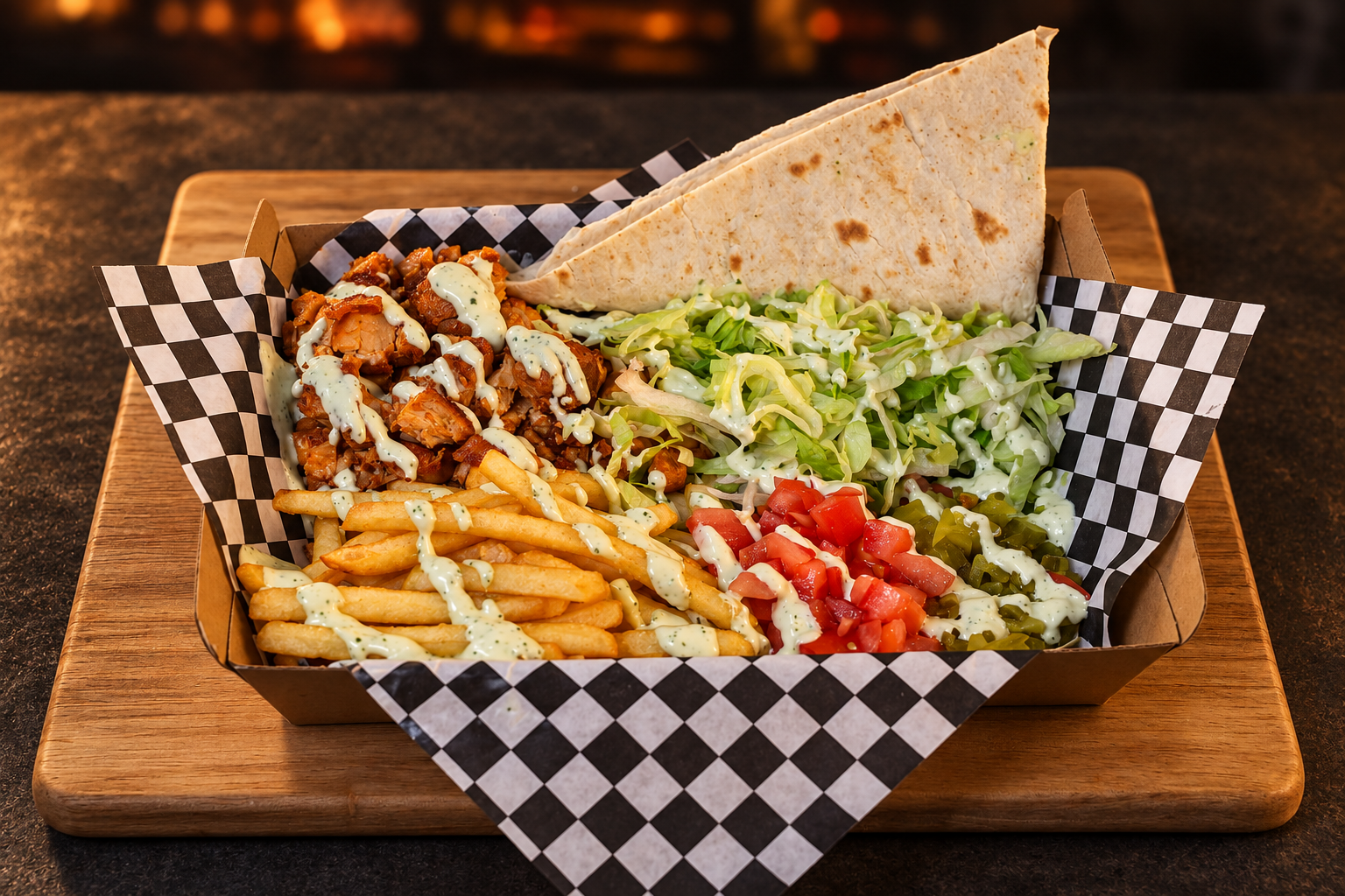 Chicken shawarma plate with golden fries, lavash, fresh vegetables and creamy herb sauce