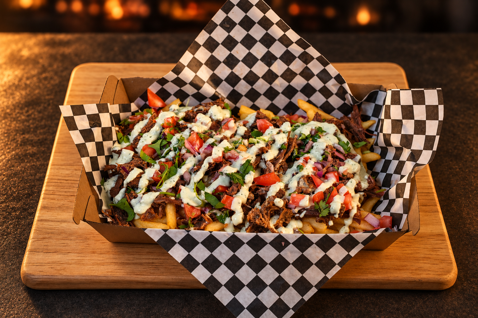 Raptor Fries topped with shredded beef, fresh vegetables and creamy herb sauce